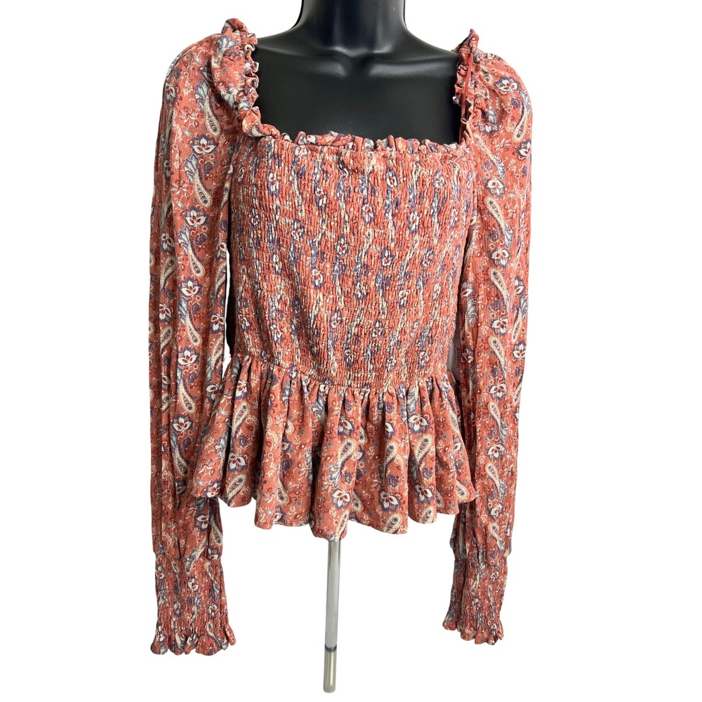 Aqua Luxe Women's Small Floral Paisley Print Smocked Peplum Long Sleeve Top